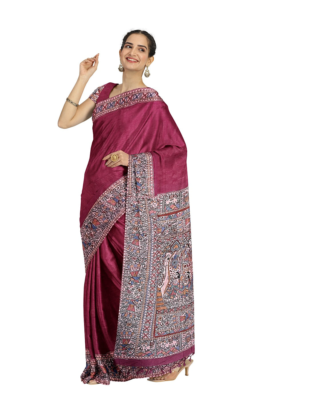 Hand-Woven Tussar Munga Silk Saree with Hand-Painted Madhubani Design
